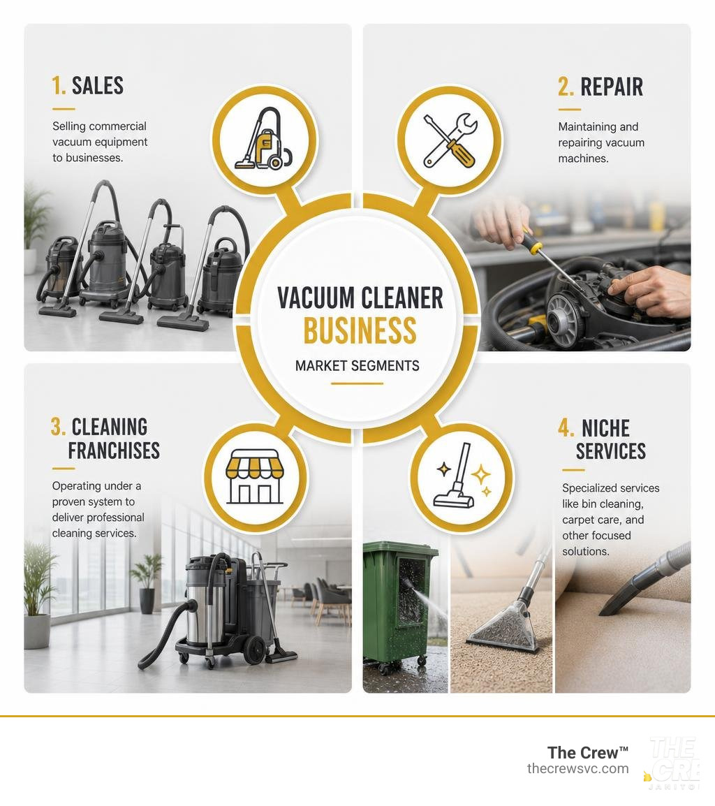 Vacuum cleaner business market segments: sales, repair, cleaning franchises, and niche services infographic Vacuum cleaner business market segments: sales, repair, cleaning franchises, and niche services infographic