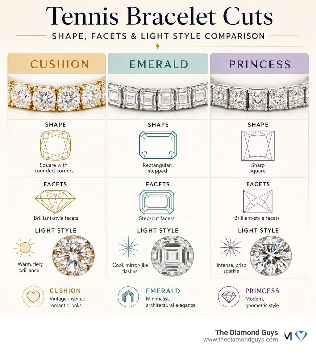 Infographic comparing cushion, emerald, and princess cut tennis bracelets: shape, facets, and light style infographic Infographic comparing cushion, emerald, and princess cut tennis bracelets: shape, facets, and light style infographic