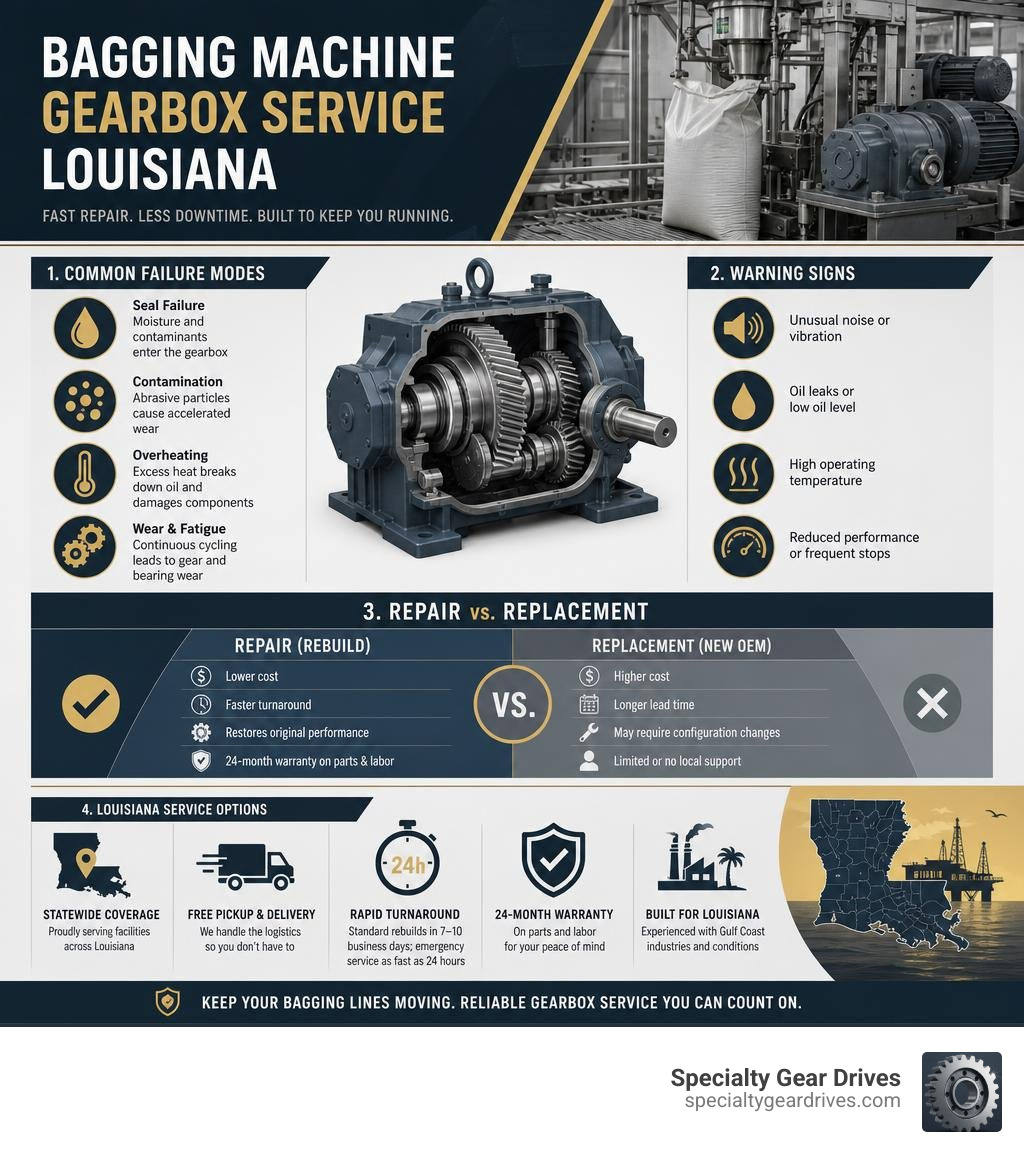 Infographic showing bagging machine gearbox failure modes, warning signs, repair vs replacement comparison, and Louisiana Infographic showing bagging machine gearbox failure modes, warning signs, repair vs replacement comparison, and Louisiana