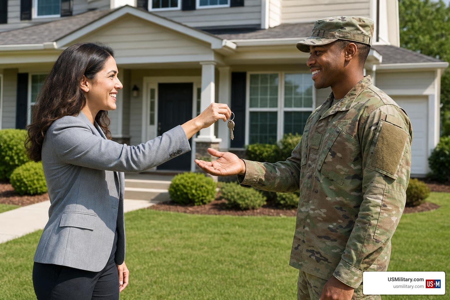 A real estate agent handing keys to a military buyer in uniform A real estate agent handing keys to a military buyer in uniform