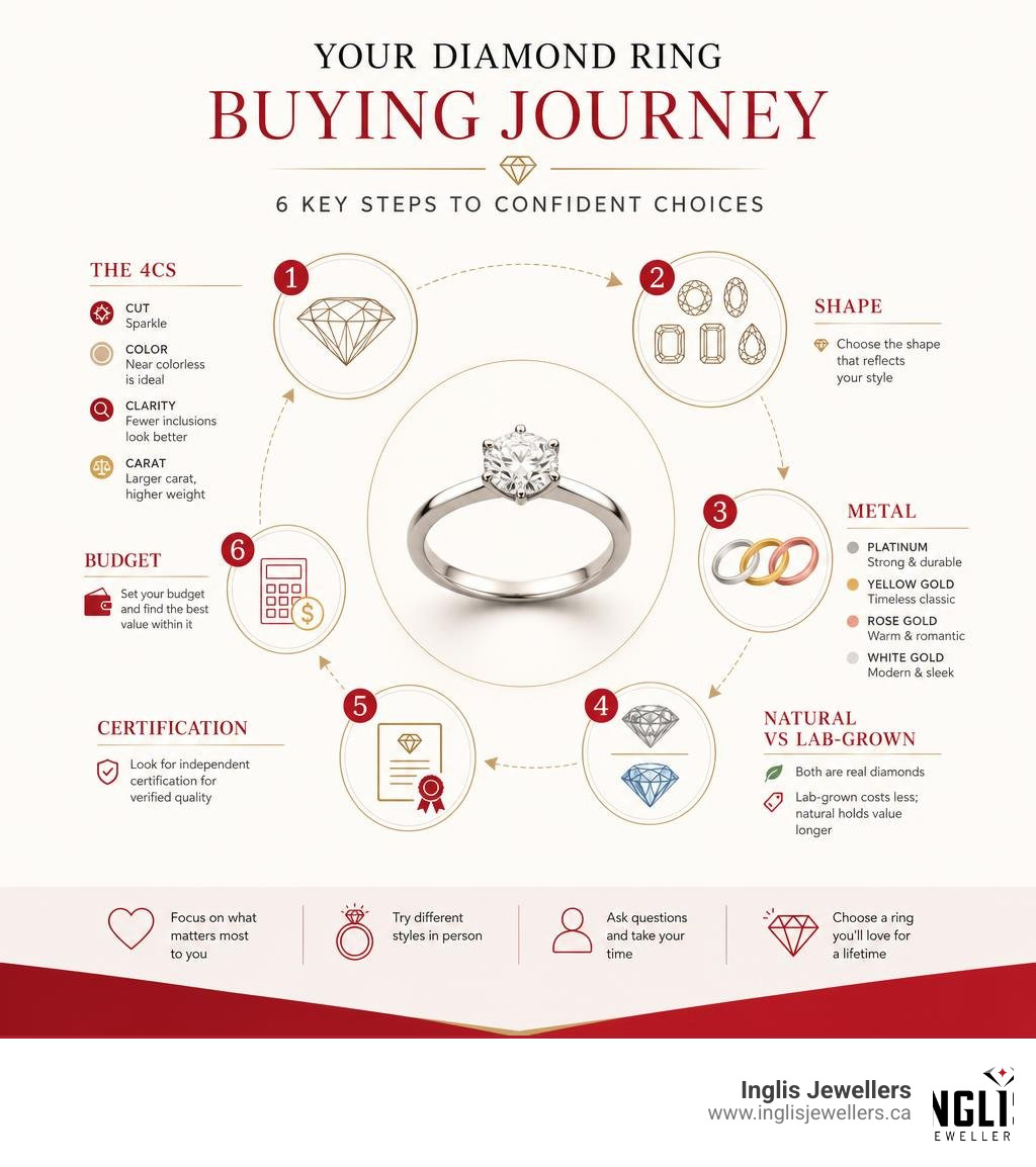 Diamond ring buying journey infographic: 4Cs, shapes, metals, natural vs lab-grown, certification, budget infographic Diamond ring buying journey infographic: 4Cs, shapes, metals, natural vs lab-grown, certification, budget infographic