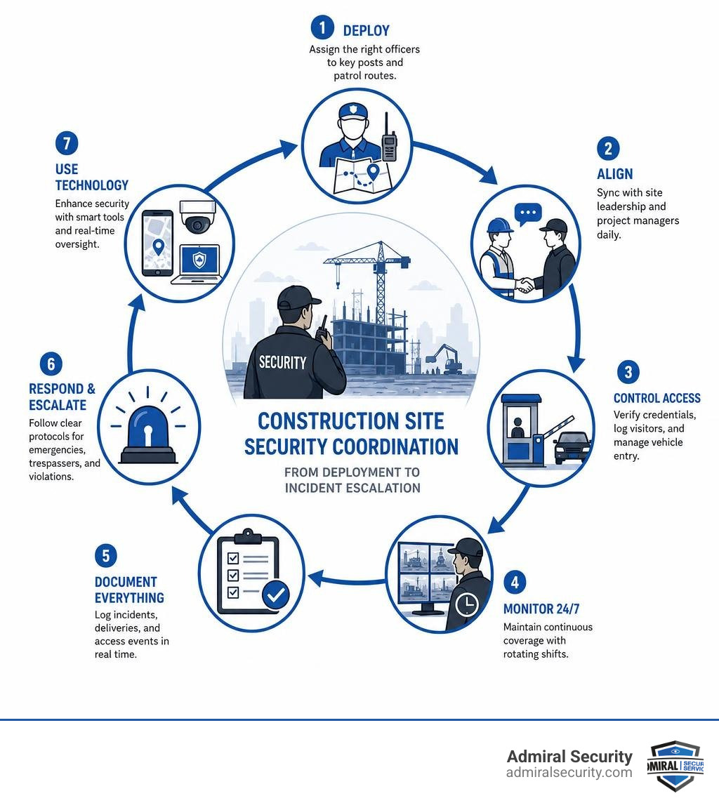 Workflow infographic: construction site security coordination from deployment to incident escalation infographic Workflow infographic: construction site security coordination from deployment to incident escalation infographic