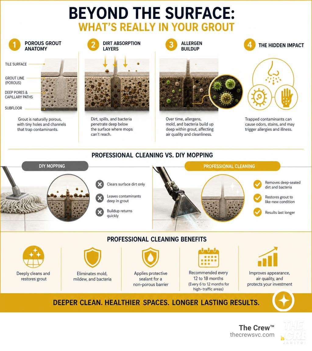 Infographic showing porous grout anatomy, dirt absorption layers, allergen buildup, and professional cleaning benefits vs