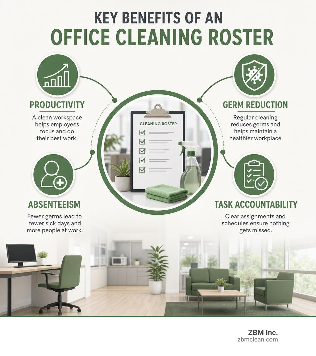 Infographic showing key benefits of an office cleaning roster: productivity, germ reduction, absenteeism, task Infographic showing key benefits of an office cleaning roster: productivity, germ reduction, absenteeism, task