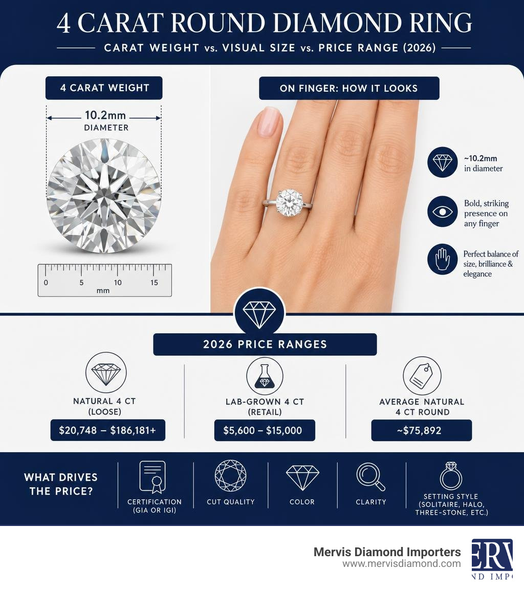 Infographic comparing 4 carat diamond carat weight vs visual size on finger with price ranges infographic Infographic comparing 4 carat diamond carat weight vs visual size on finger with price ranges infographic