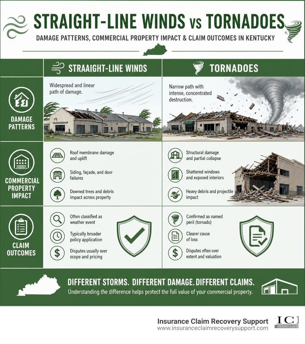 Infographic comparing straight-line winds vs tornadoes: damage patterns, commercial property impact, claim outcomes Kentucky Infographic comparing straight-line winds vs tornadoes: damage patterns, commercial property impact, claim outcomes Kentucky