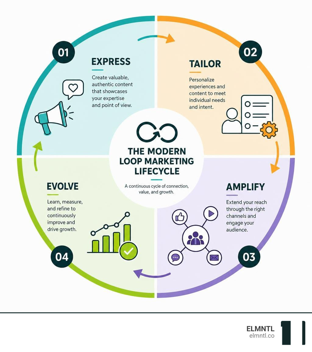 A visual representation of the modern loop marketing lifecycle, showing the stages of Express, Tailor, Amplify, and Evolve