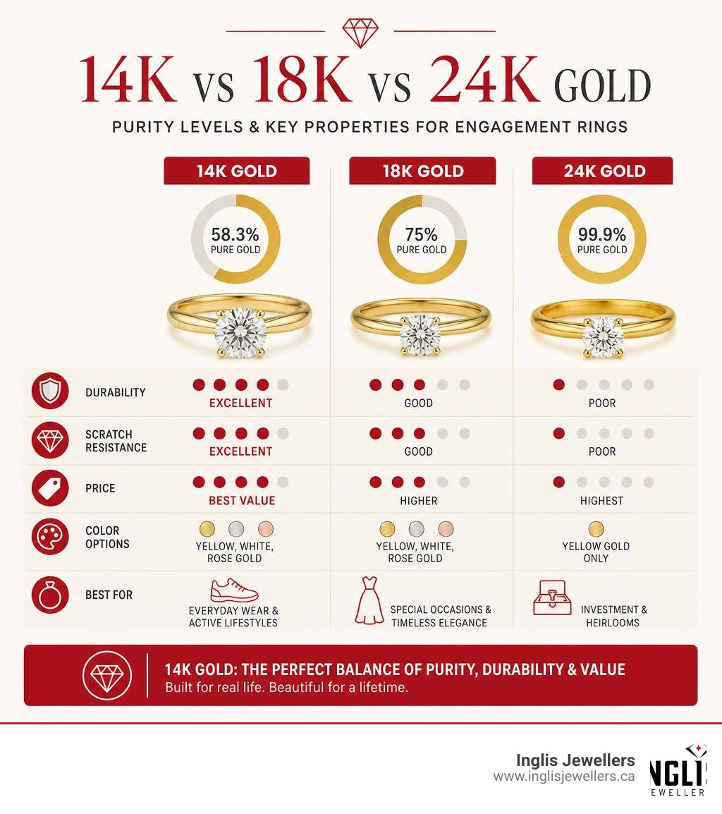 Infographic showing 14K vs 18K vs 24K gold purity levels and key properties for engagement rings infographic
