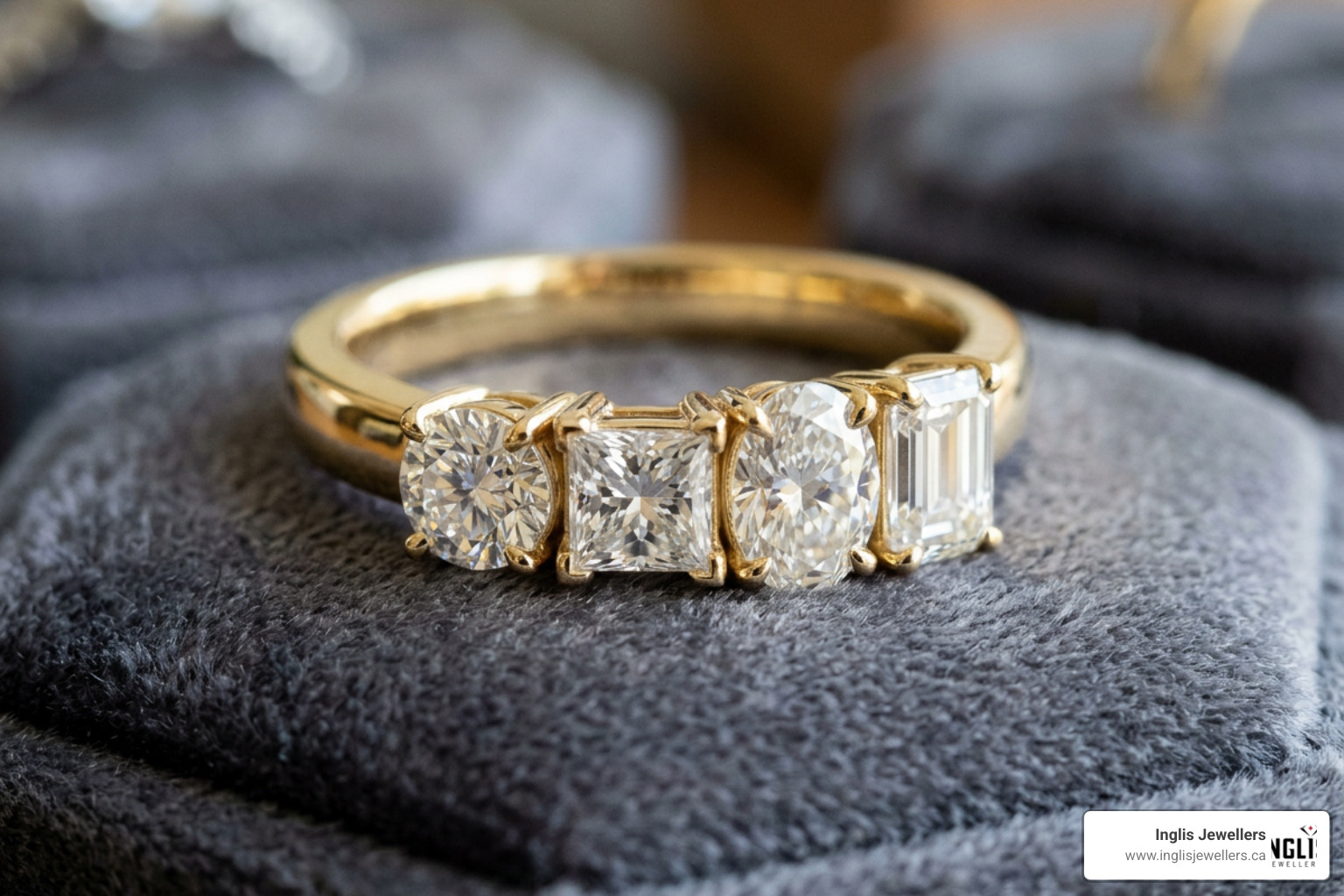 Various diamond shapes displayed on a polished yellow gold band