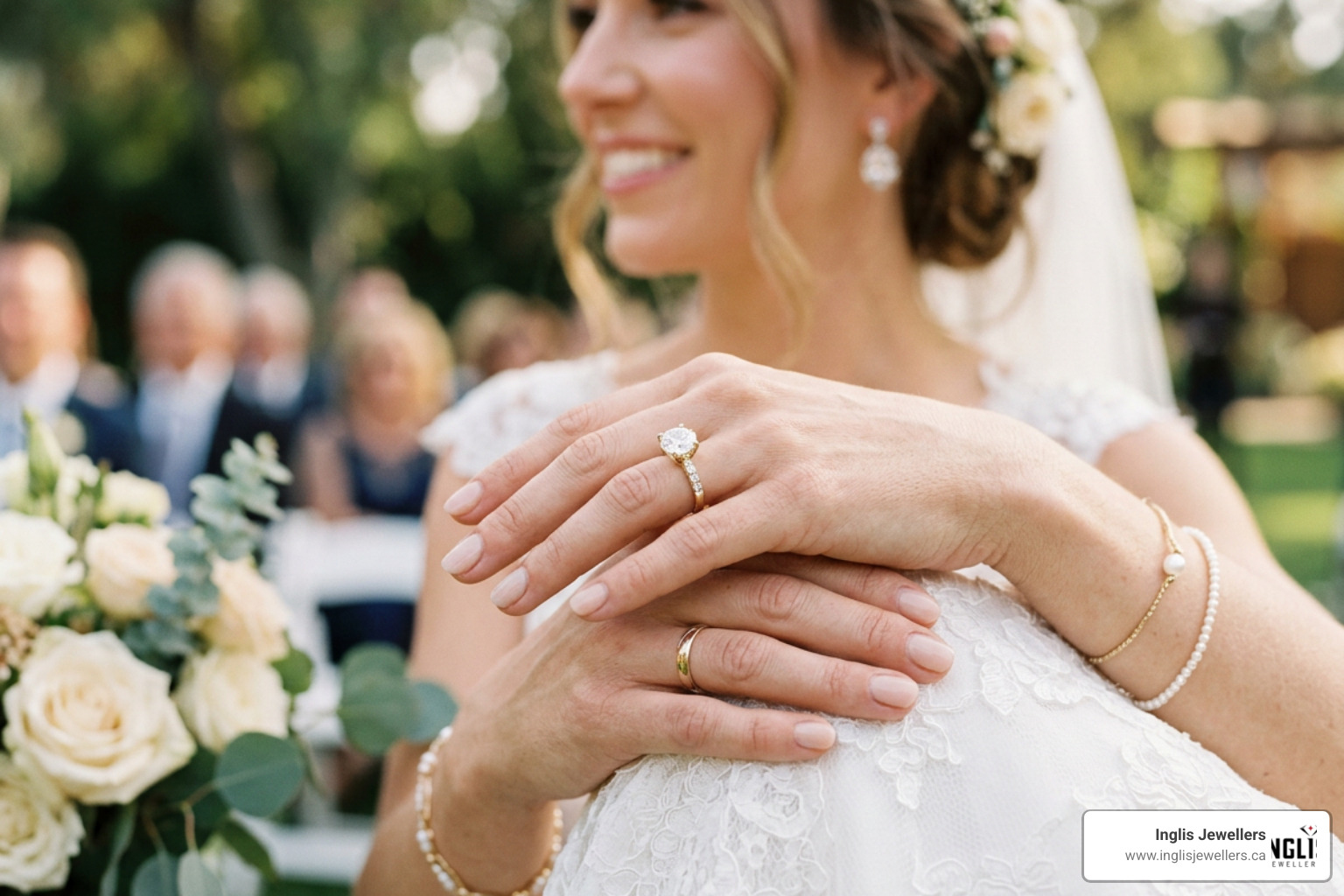 Close-up of a bride wearing a sparkling 14k gold diamond ring