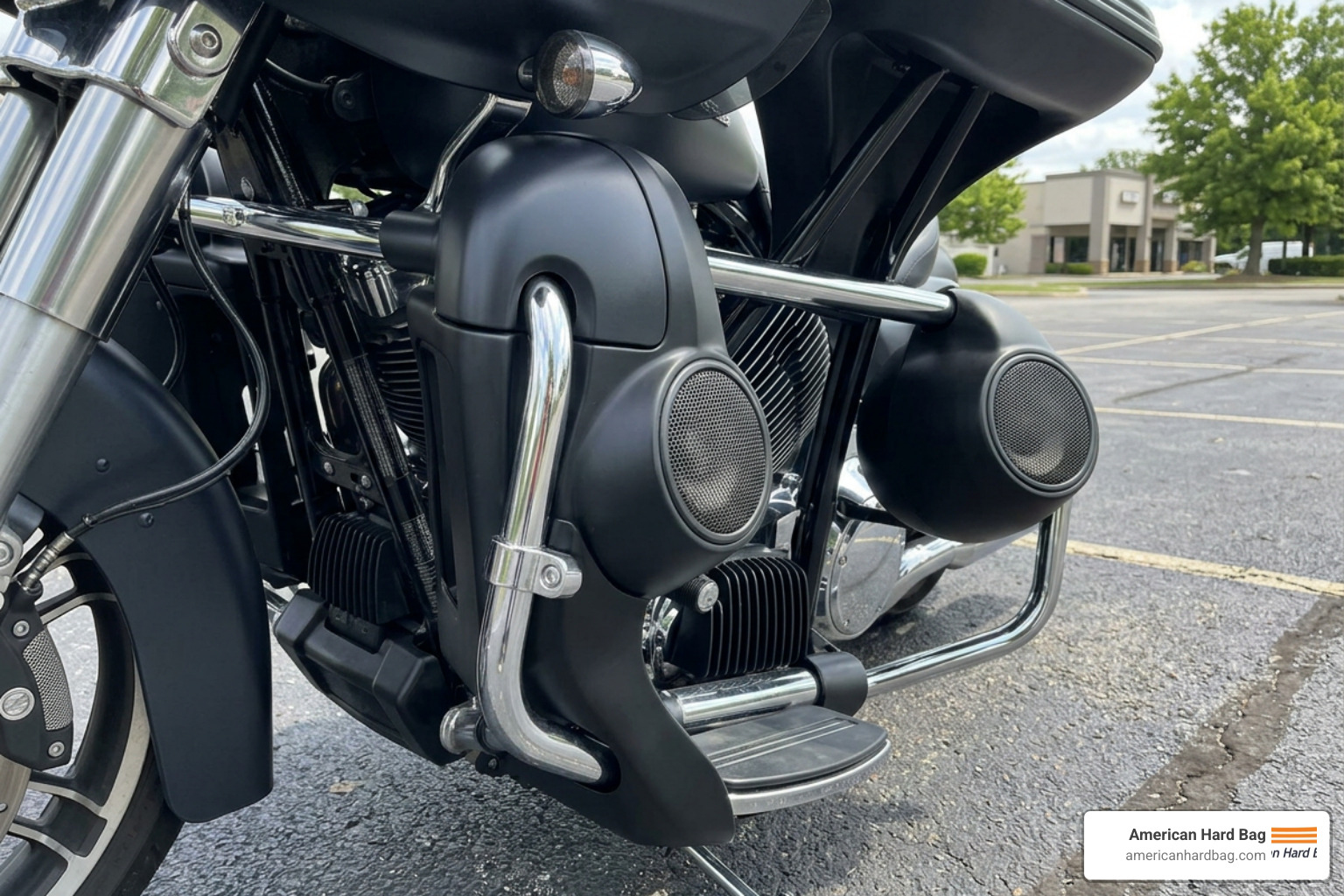 Lower vented fairings with integrated speaker pods installed on a Harley Touring bike