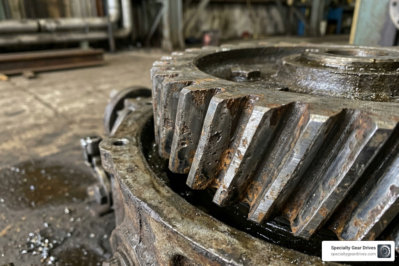 Corroded helical gear inside an industrial speed reducer showing pitting and surface wear Corroded helical gear inside an industrial speed reducer showing pitting and surface wear