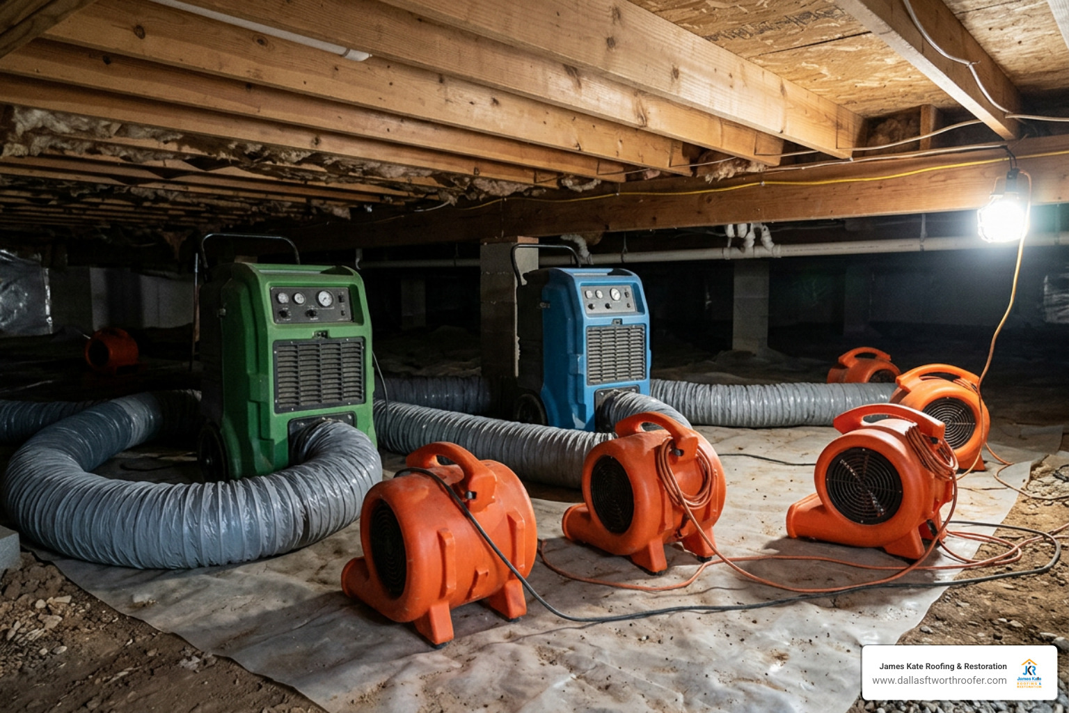 Crawl space drying equipment set up under a home Crawl space drying equipment set up under a home