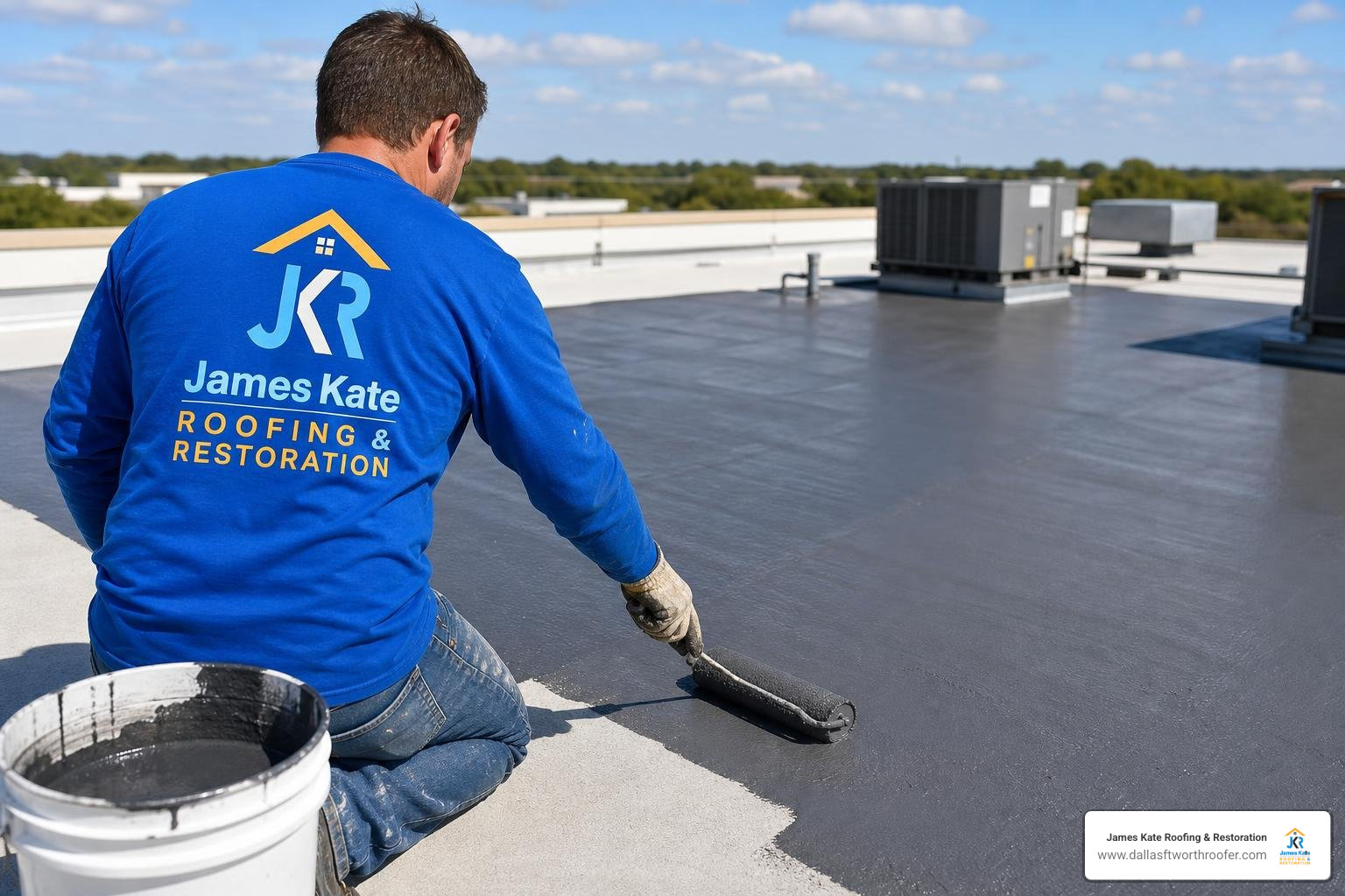 Contractor in royal blue James Kate shirt applying liquid rubber coating with a roller Contractor in royal blue James Kate shirt applying liquid rubber coating with a roller