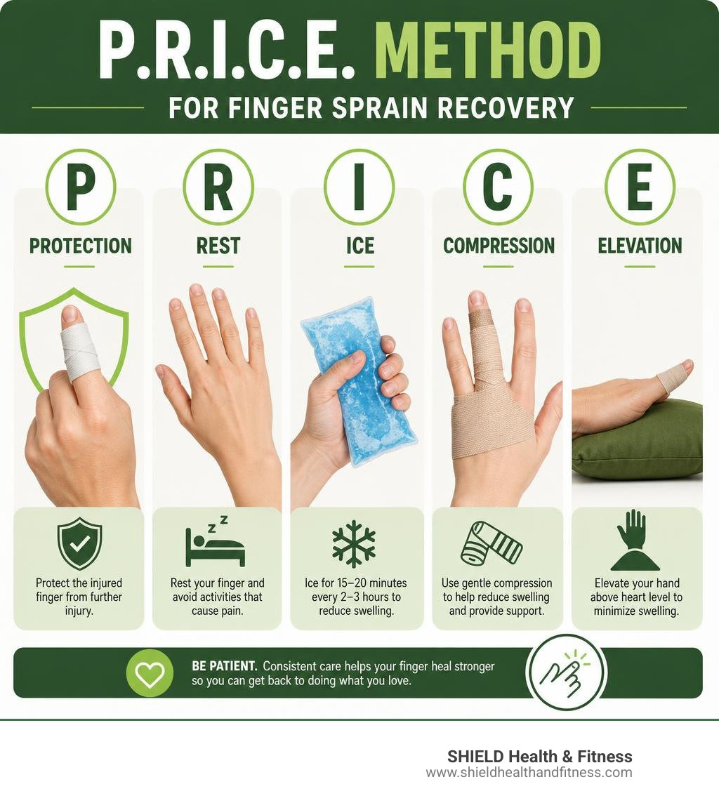 P.R.I.C.E. method infographic for finger sprain recovery: Protection, Rest, Ice, Compression, Elevation infographic P.R.I.C.E. method infographic for finger sprain recovery: Protection, Rest, Ice, Compression, Elevation infographic