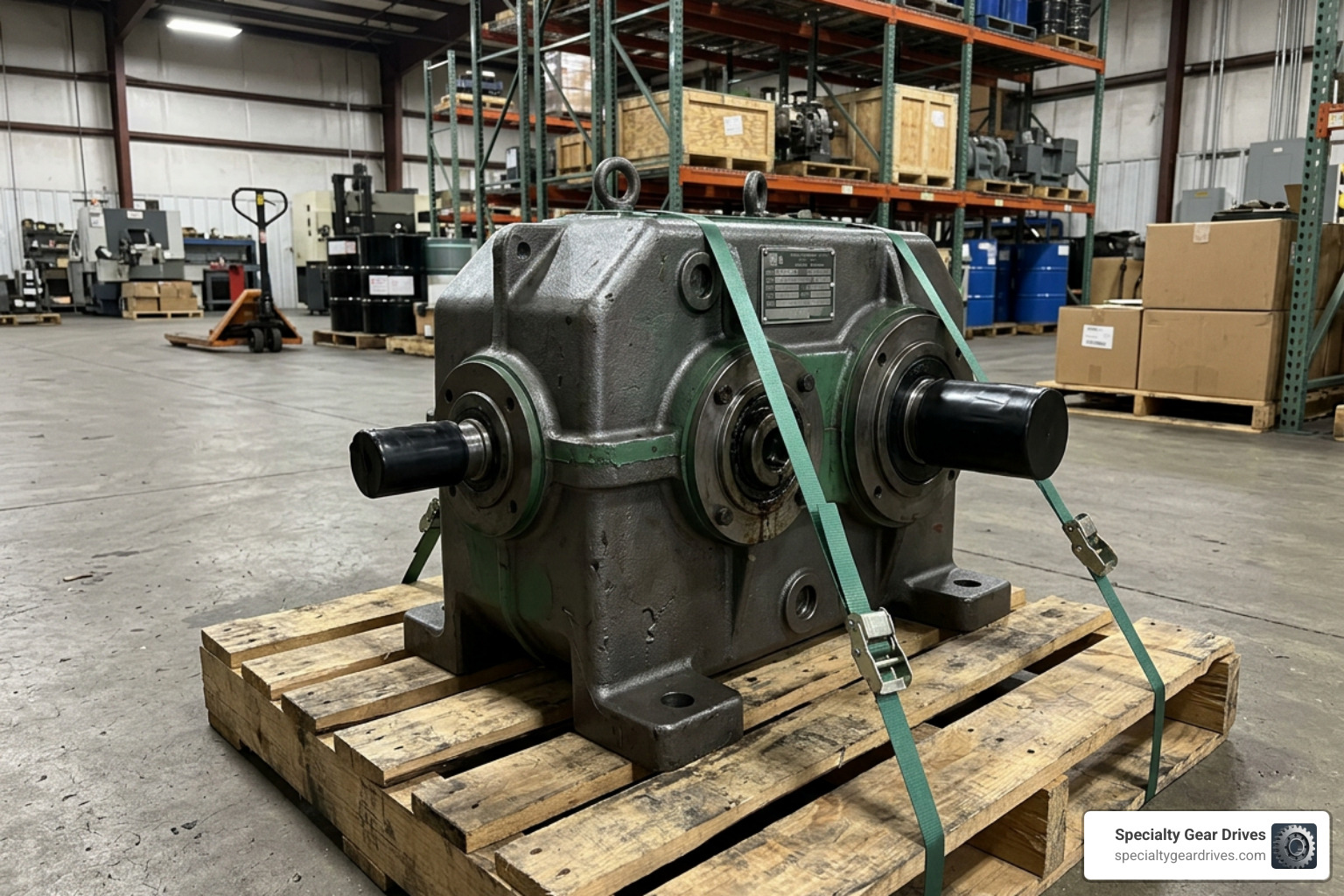 Rebuilt industrial speed reducer on a shipping pallet ready for delivery Rebuilt industrial speed reducer on a shipping pallet ready for delivery