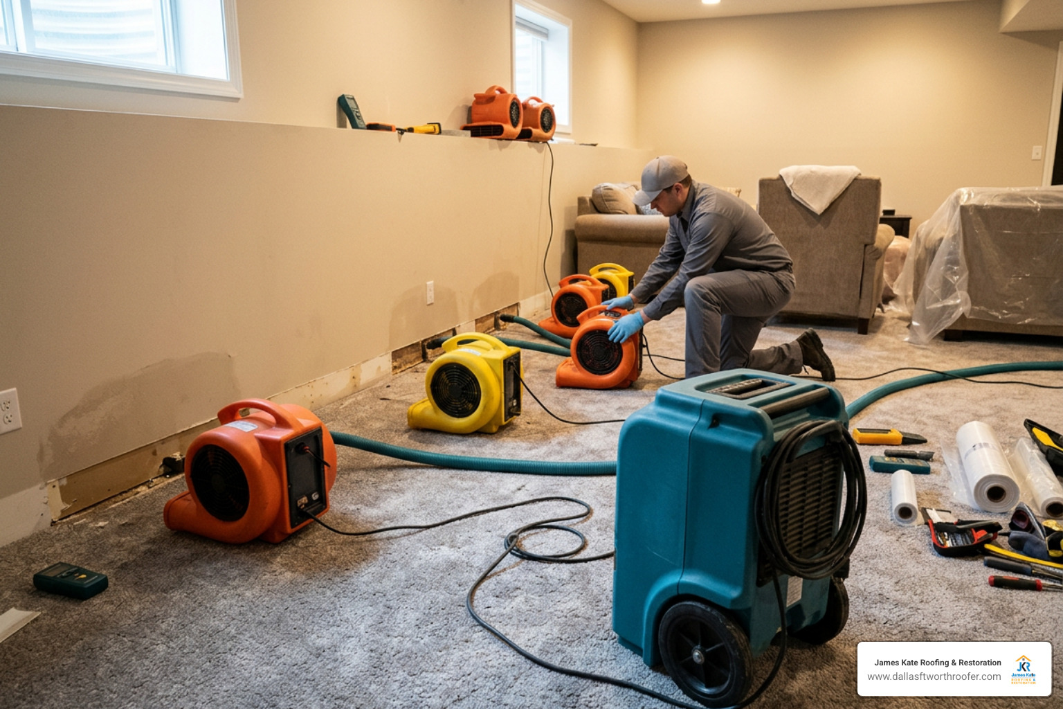 industrial air movers and dehumidifiers drying a room after water damage industrial air movers and dehumidifiers drying a room after water damage