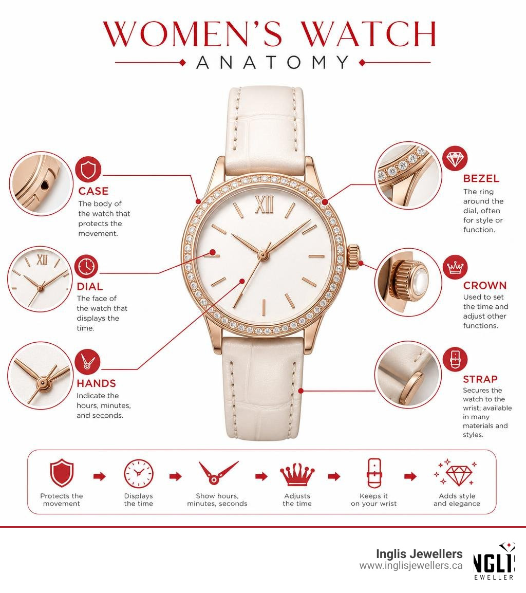 Women's watch anatomy infographic showing case, dial, hands, crown, bezel, and strap parts infographic