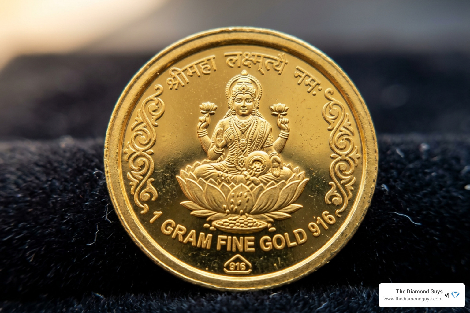 A close-up of a 1 gram gold coin showcasing the intricate design of Goddess Lakshmi A close-up of a 1 gram gold coin showcasing the intricate design of Goddess Lakshmi