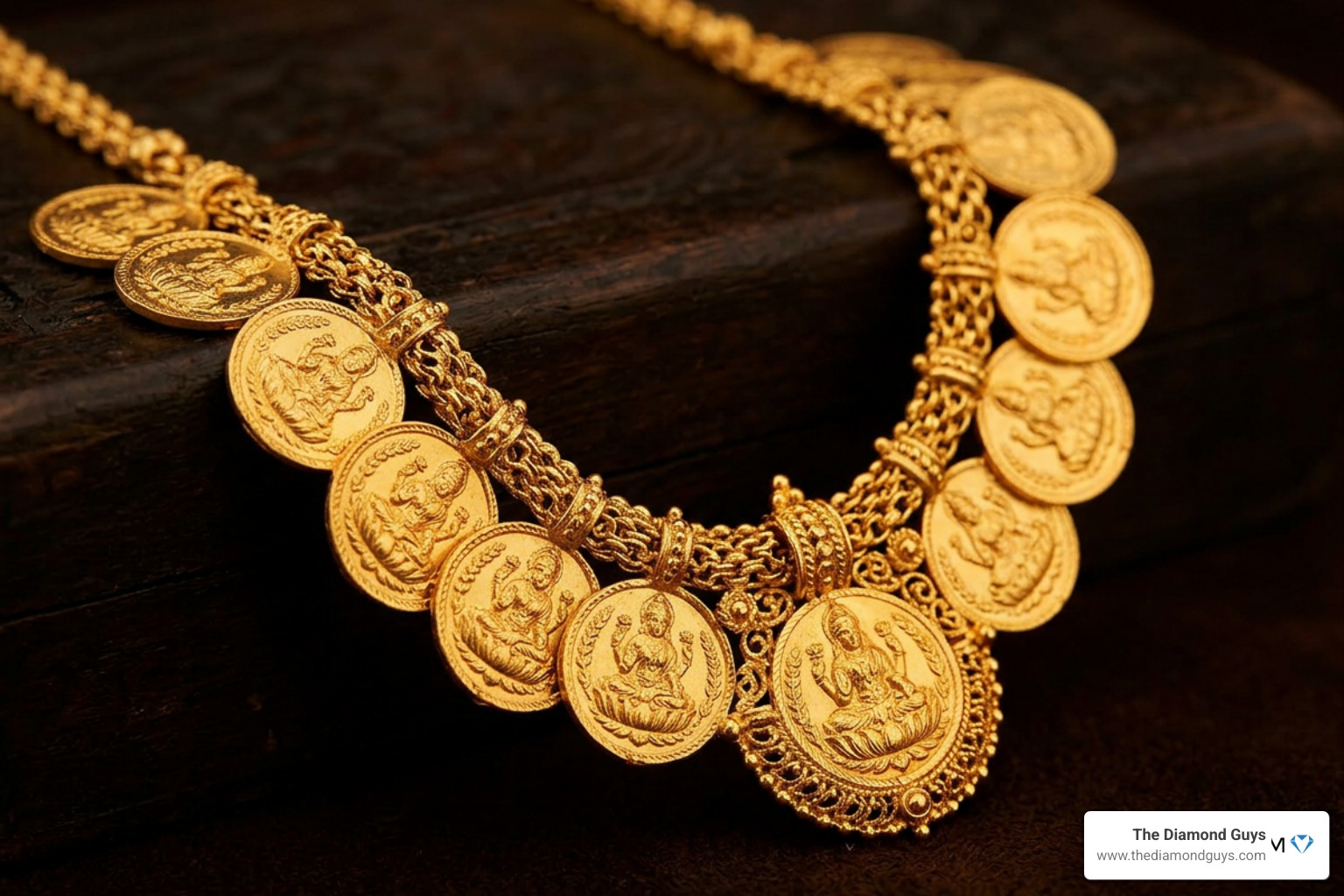 Traditional gold Lakshmi Kasu Mala necklace with multiple coins linked together Traditional gold Lakshmi Kasu Mala necklace with multiple coins linked together