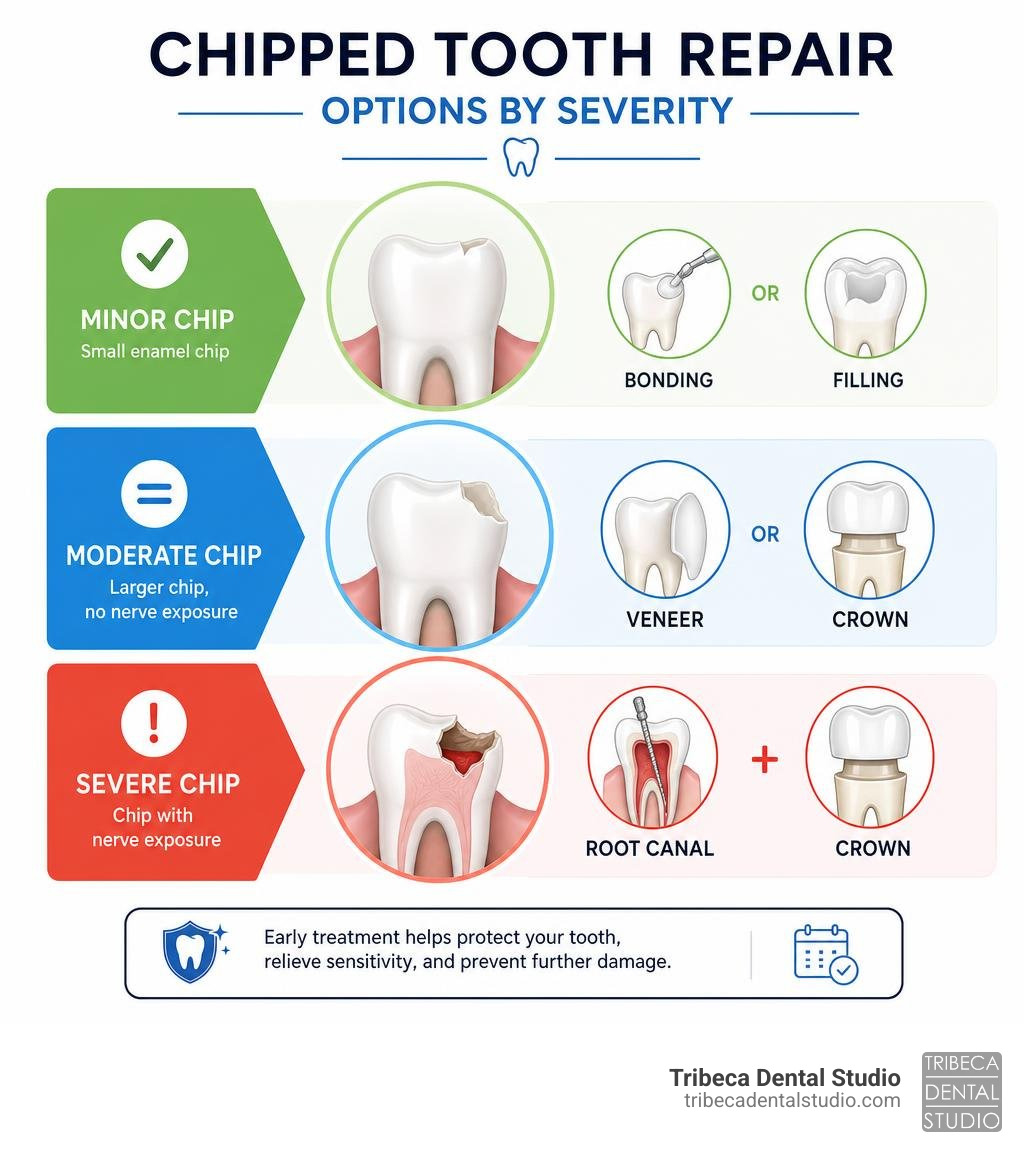 Infographic showing chipped tooth repair options by severity: minor chip = bonding or filling; moderate chip = veneer or