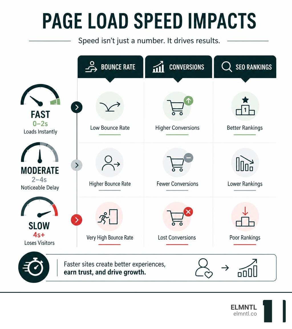 Infographic showing how page load speed affects bounce rates, conversions, and SEO rankings infographic