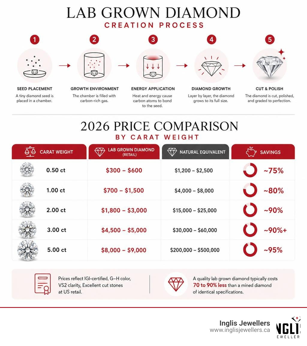 Lab grown diamond creation process and 2026 price comparison by carat weight infographic infographic Lab grown diamond creation process and 2026 price comparison by carat weight infographic infographic