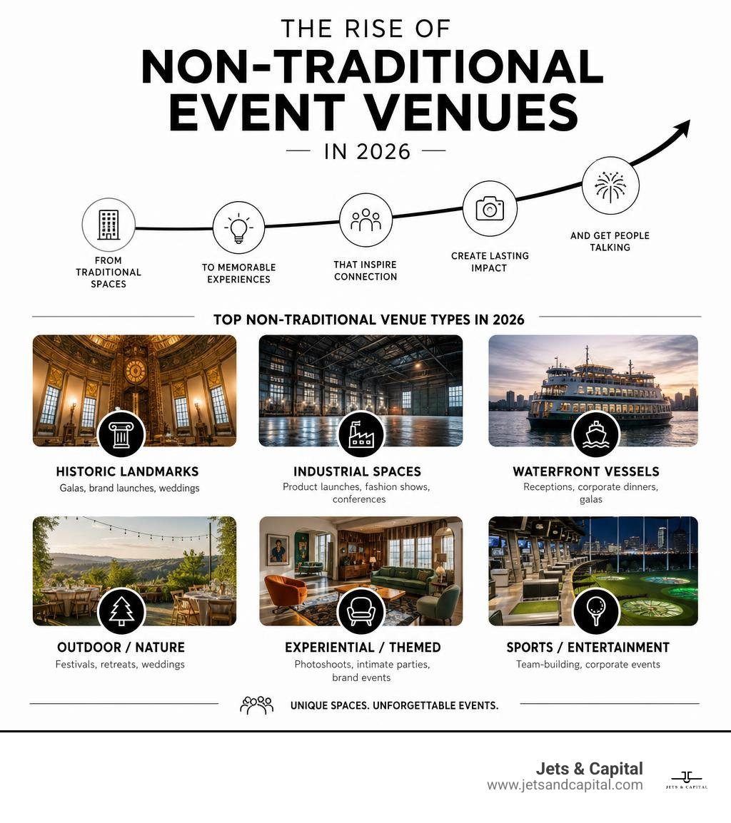 Infographic showing the rise of non-traditional event venues and top venue types in 2026 infographic Infographic showing the rise of non-traditional event venues and top venue types in 2026 infographic