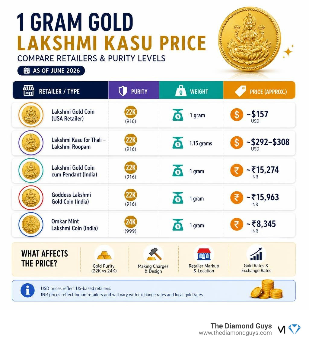 Infographic comparing 1 gram gold Lakshmi Kasu prices across retailers and purity levels infographic Infographic comparing 1 gram gold Lakshmi Kasu prices across retailers and purity levels infographic
