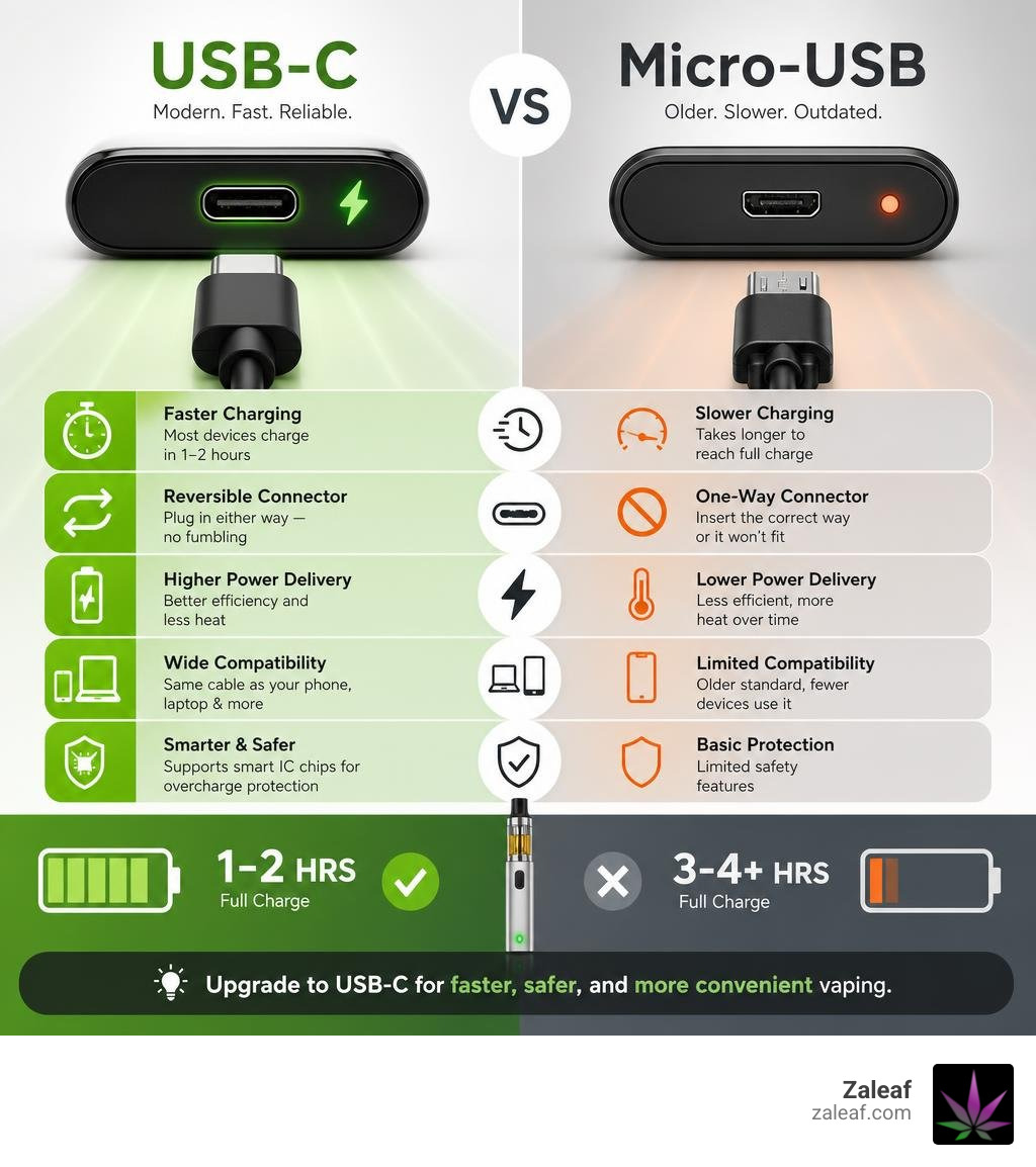 Infographic comparing USB-C vs Micro-USB charging speeds and features for vape devices infographic