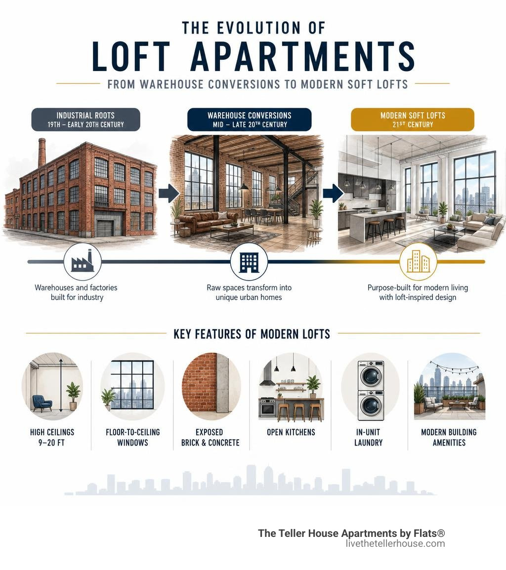 Infographic showing evolution of loft apartments from warehouse conversions to modern soft lofts with key features