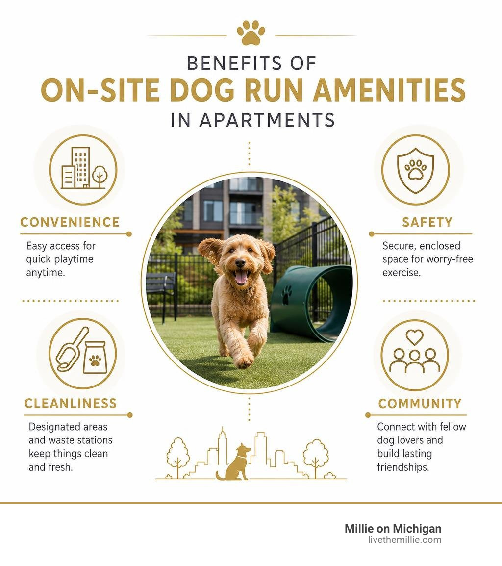 Benefits of on-site dog run amenities in apartments: convenience, safety, cleanliness, community infographic Benefits of on-site dog run amenities in apartments: convenience, safety, cleanliness, community infographic