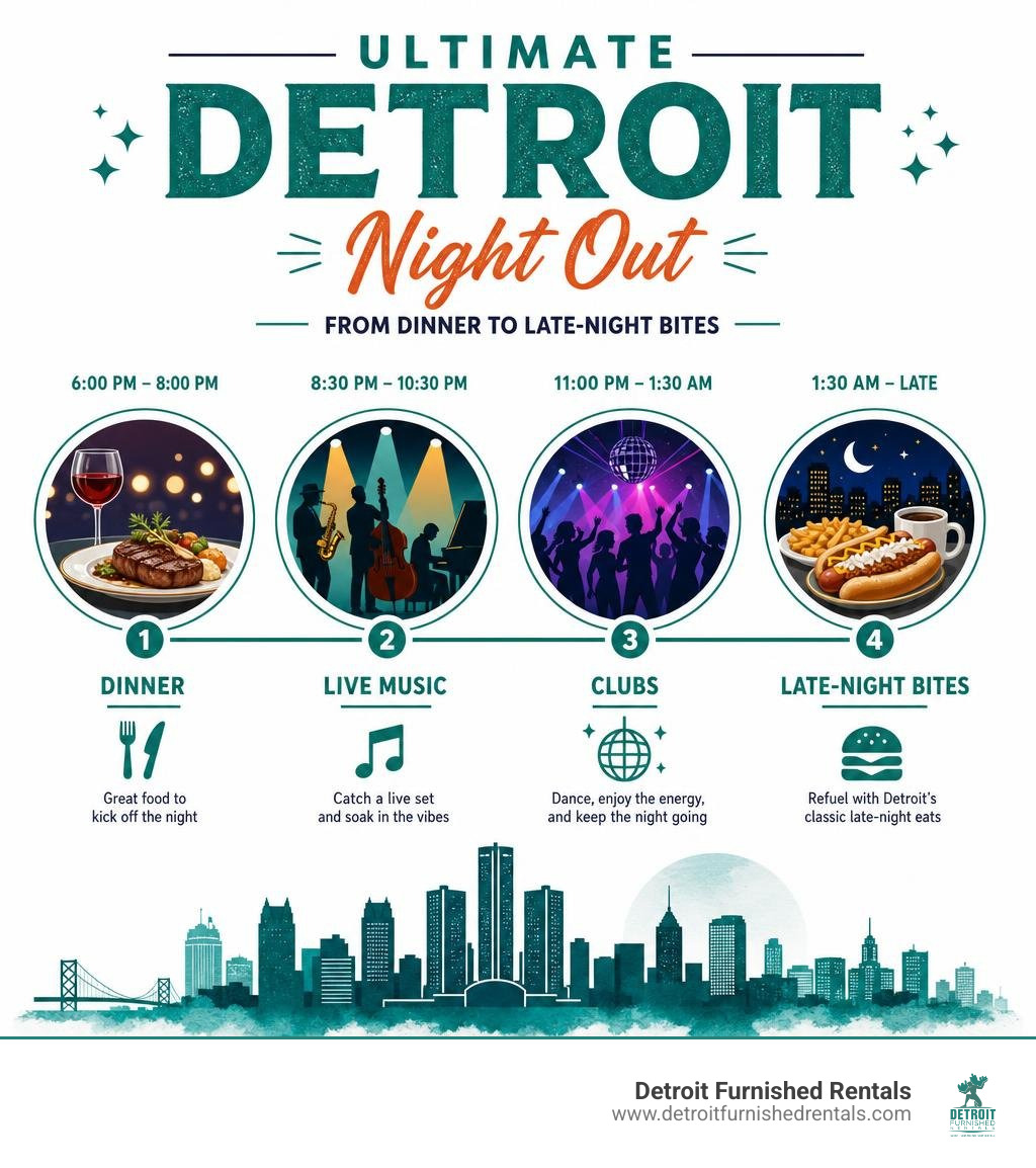 Ultimate Detroit night out timeline infographic: from dinner to live music to clubs to late-night food infographic