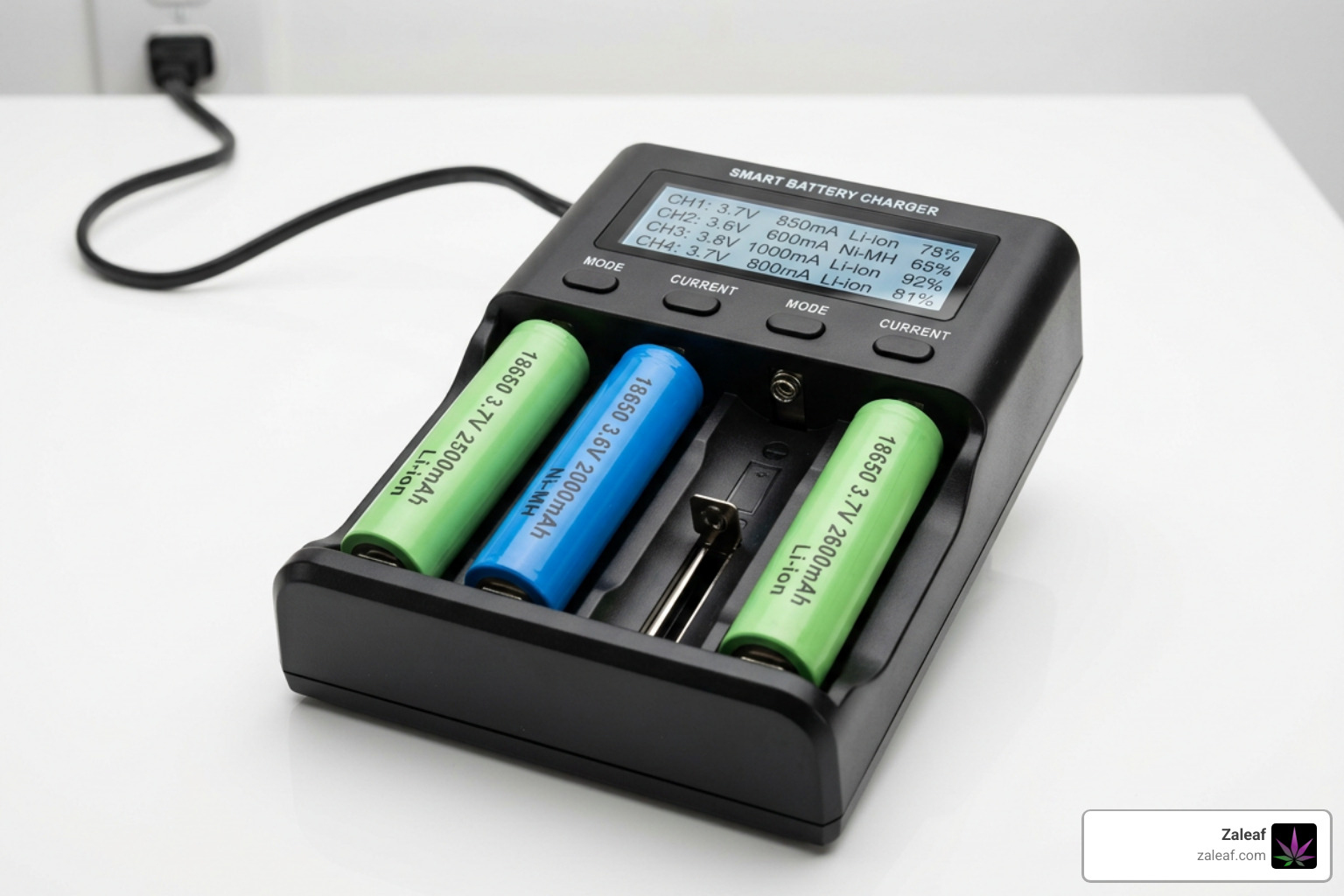An external multi-bay smart battery charger holding rechargeable vape batteries