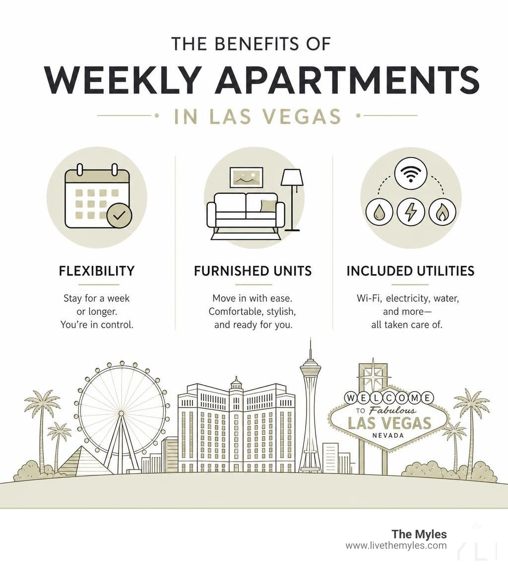 infographic showing benefits of weekly apartments in Las Vegas including flexibility, furnished units, and included infographic showing benefits of weekly apartments in Las Vegas including flexibility, furnished units, and included