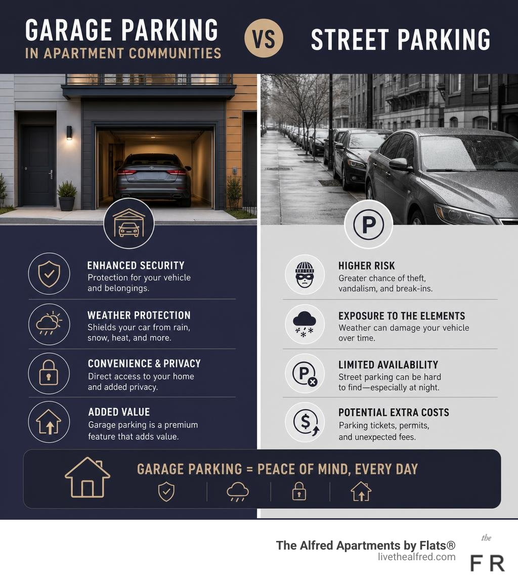 Infographic showing benefits of garage parking in apartment communities vs street parking infographic Infographic showing benefits of garage parking in apartment communities vs street parking infographic