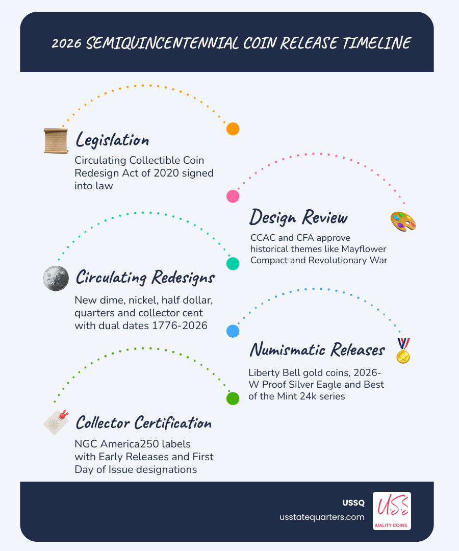 2026 Semiquincentennial coin release timeline infographic showing circulating and numismatic products infographic