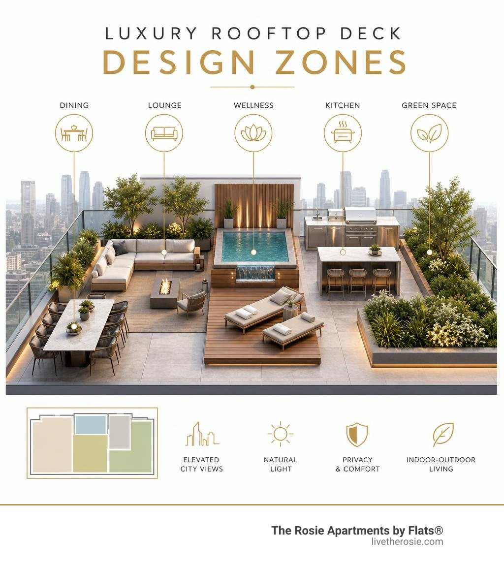Infographic showing luxury rooftop deck design zones: dining, lounge, wellness, kitchen, and green space infographic Infographic showing luxury rooftop deck design zones: dining, lounge, wellness, kitchen, and green space infographic