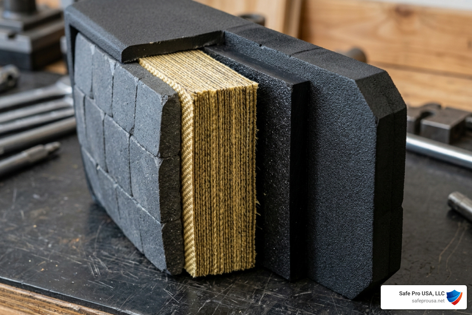 Advanced composite shield materials showing multi-layered construction Advanced composite shield materials showing multi-layered construction