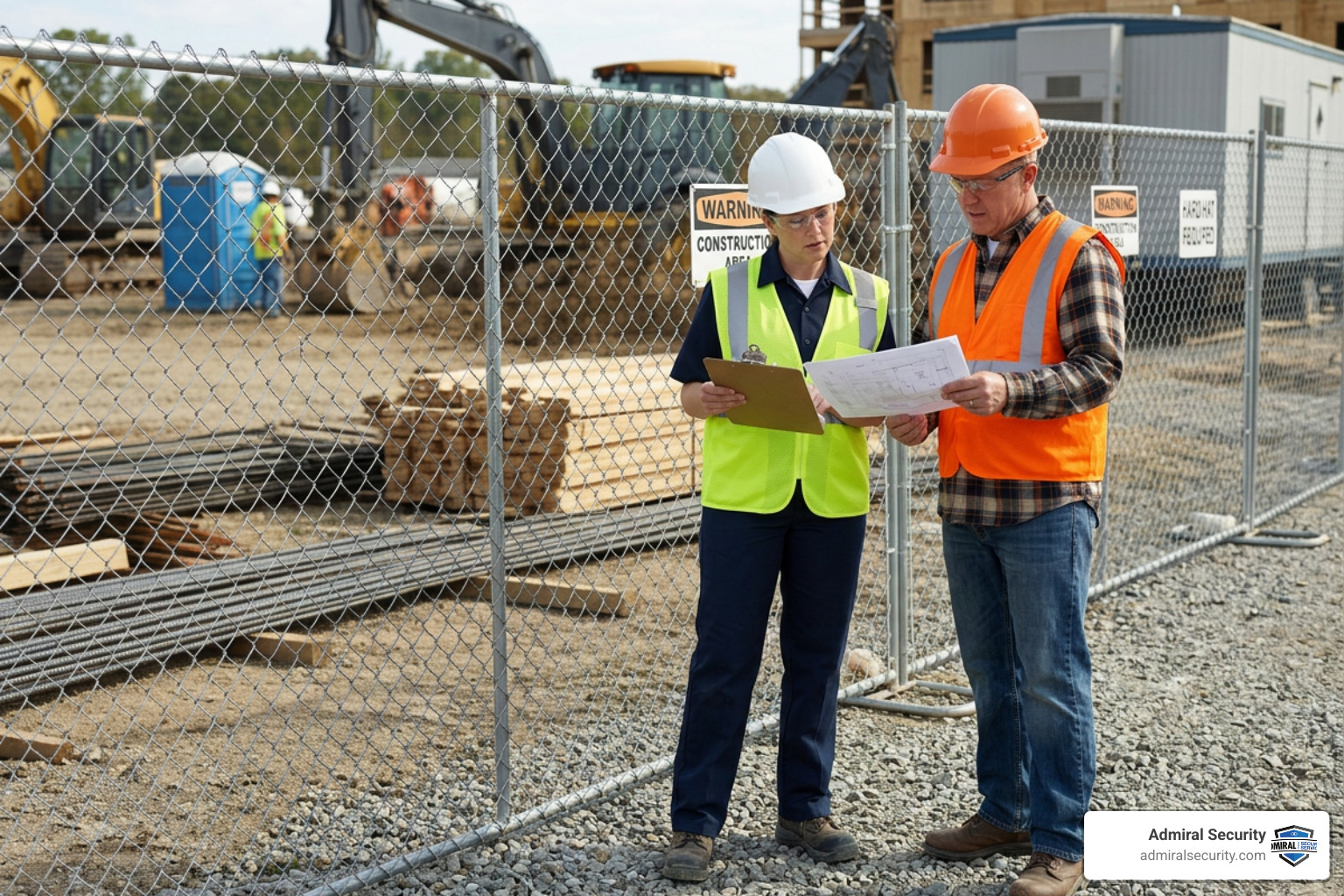 Security coordinator meeting with a construction project manager on site to discuss perimeter safety Security coordinator meeting with a construction project manager on site to discuss perimeter safety