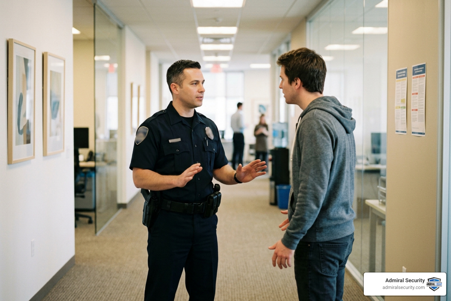 Security officer practicing de-escalation techniques in a corporate setting with blurred uniform badges