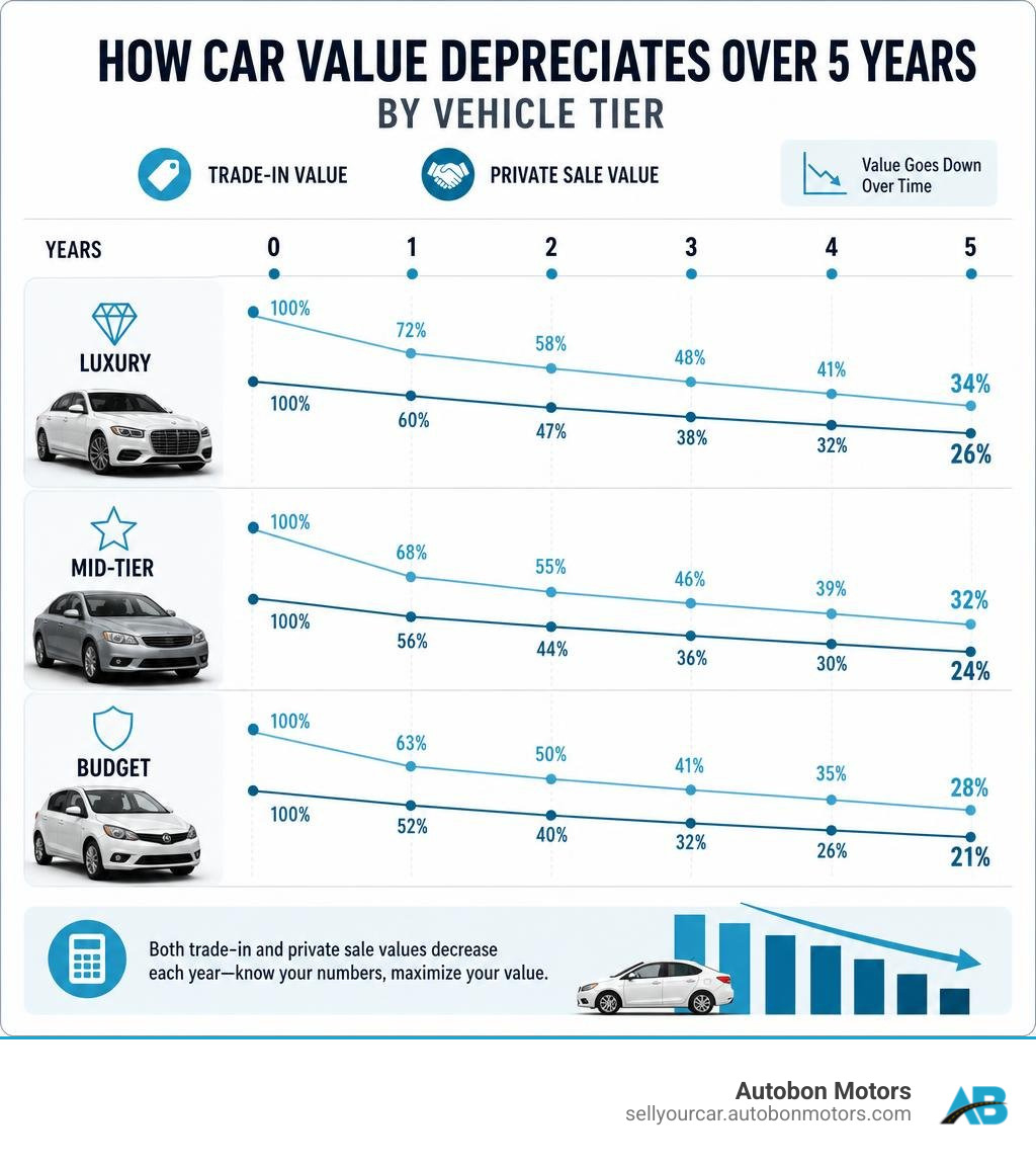 Infographic showing how car value depreciates over 5 years by vehicle tier with trade-in vs private sale comparison Infographic showing how car value depreciates over 5 years by vehicle tier with trade-in vs private sale comparison