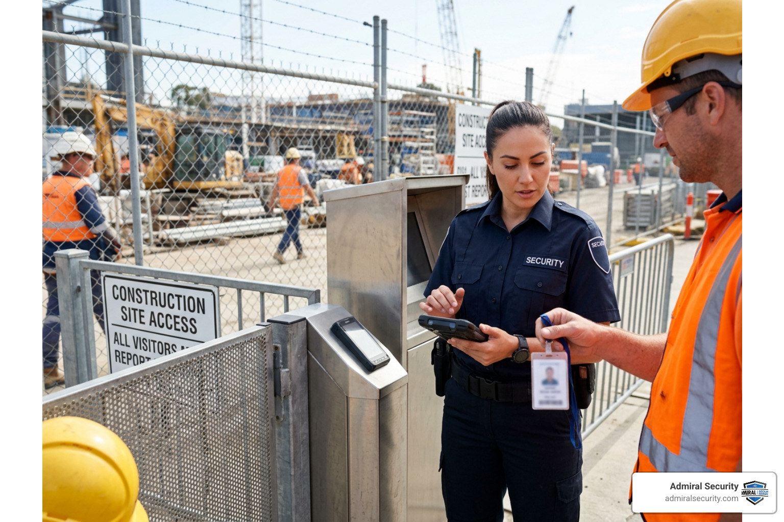 Security officer verifying credentials at a construction gate with blurred badge Security officer verifying credentials at a construction gate with blurred badge