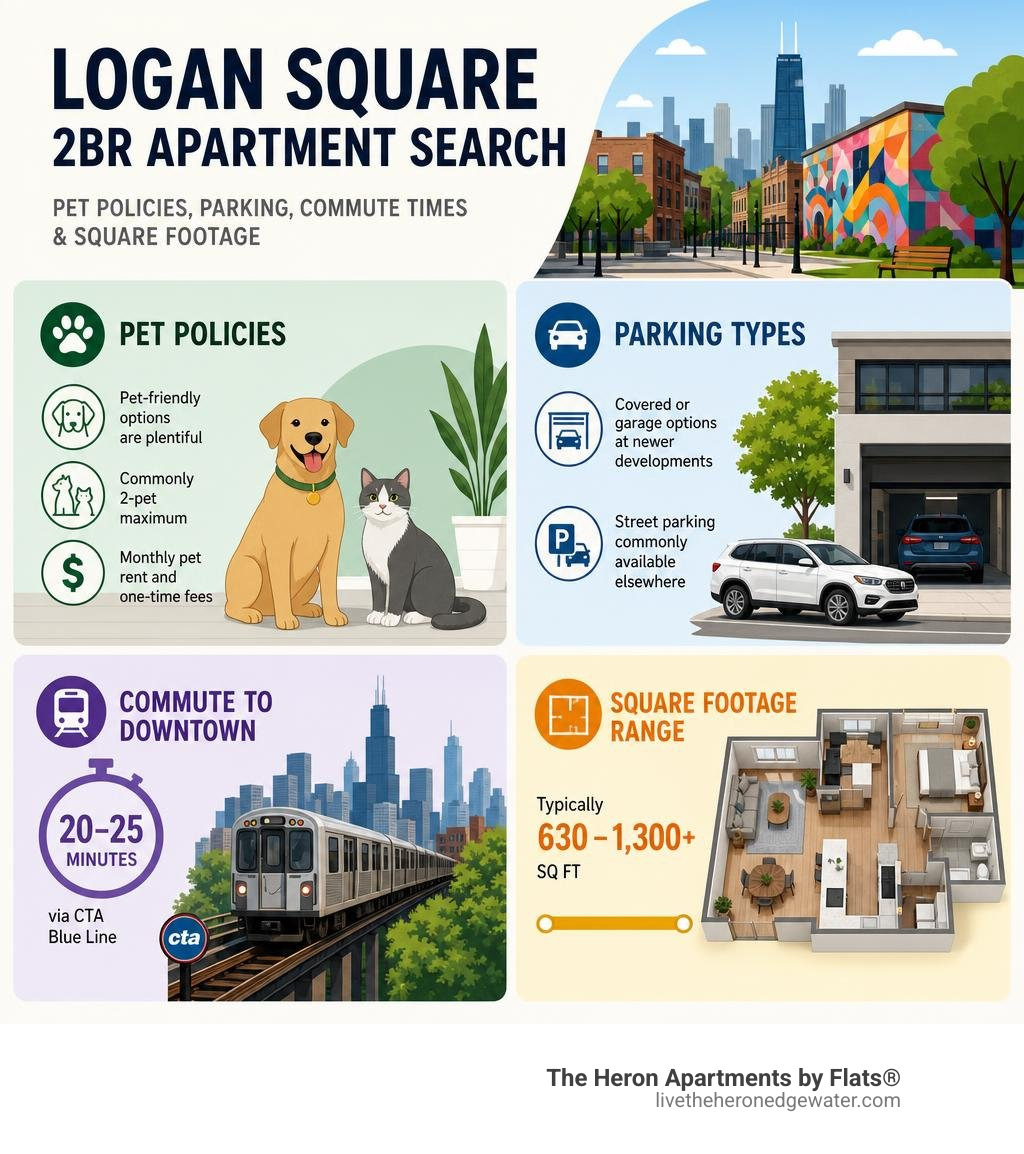 Infographic showing Logan Square 2BR apartment search: pet policies, parking types, commute times, and square footage ranges