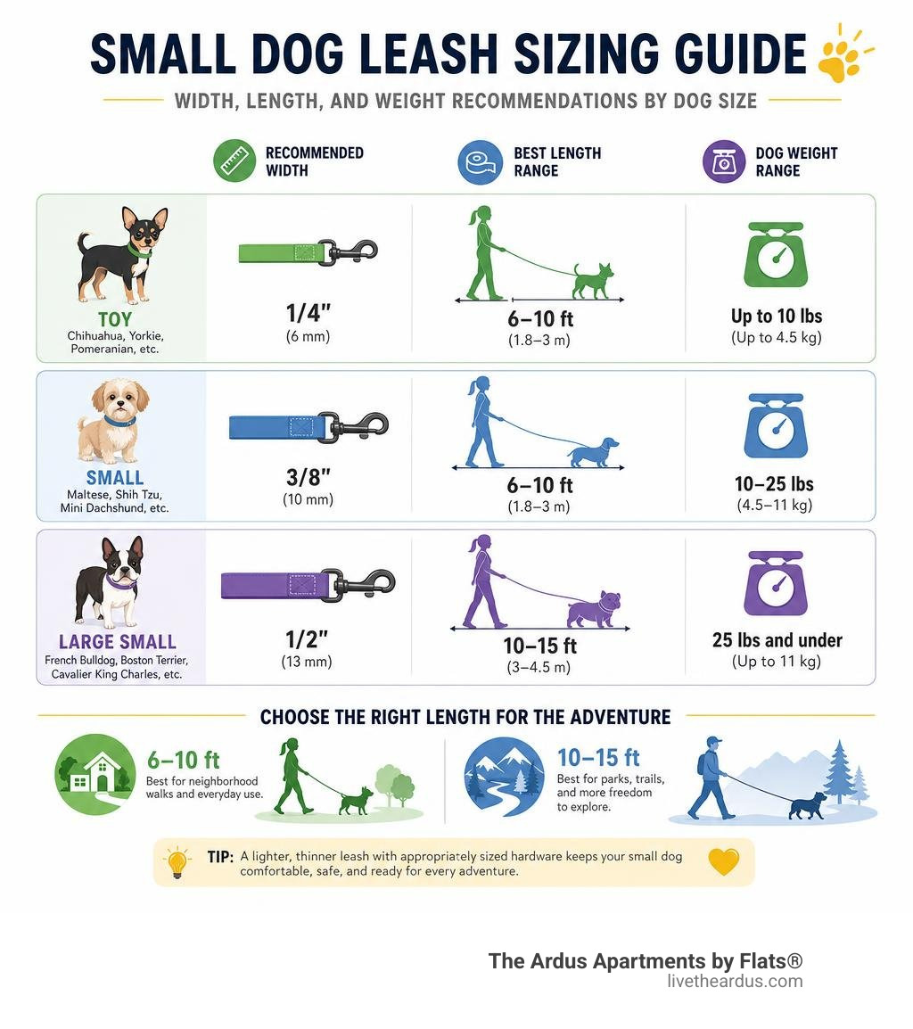 Small dog leash sizing guide: width, length, and weight recommendations by dog size infographic Small dog leash sizing guide: width, length, and weight recommendations by dog size infographic