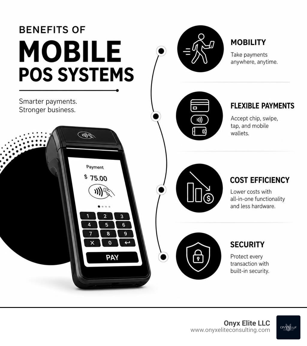 Benefits of mobile POS systems infographic showing mobility, payment methods, cost, and security infographic Benefits of mobile POS systems infographic showing mobility, payment methods, cost, and security infographic