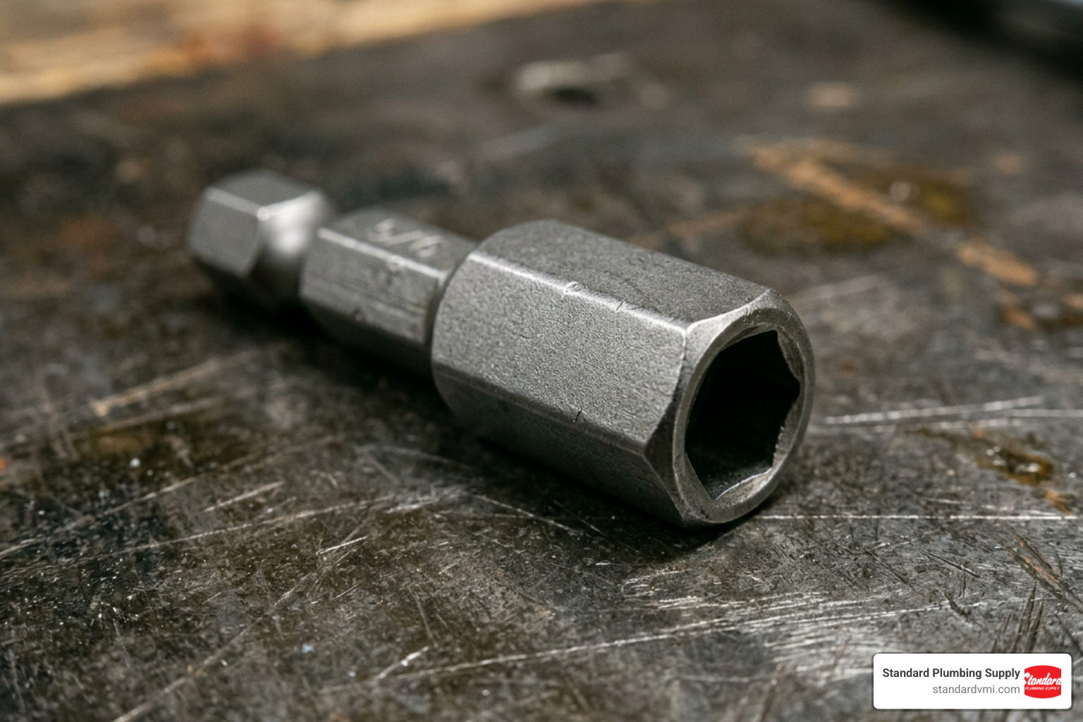 Close-up of a 5/16 hex driver bit showing the hex shank and drive end