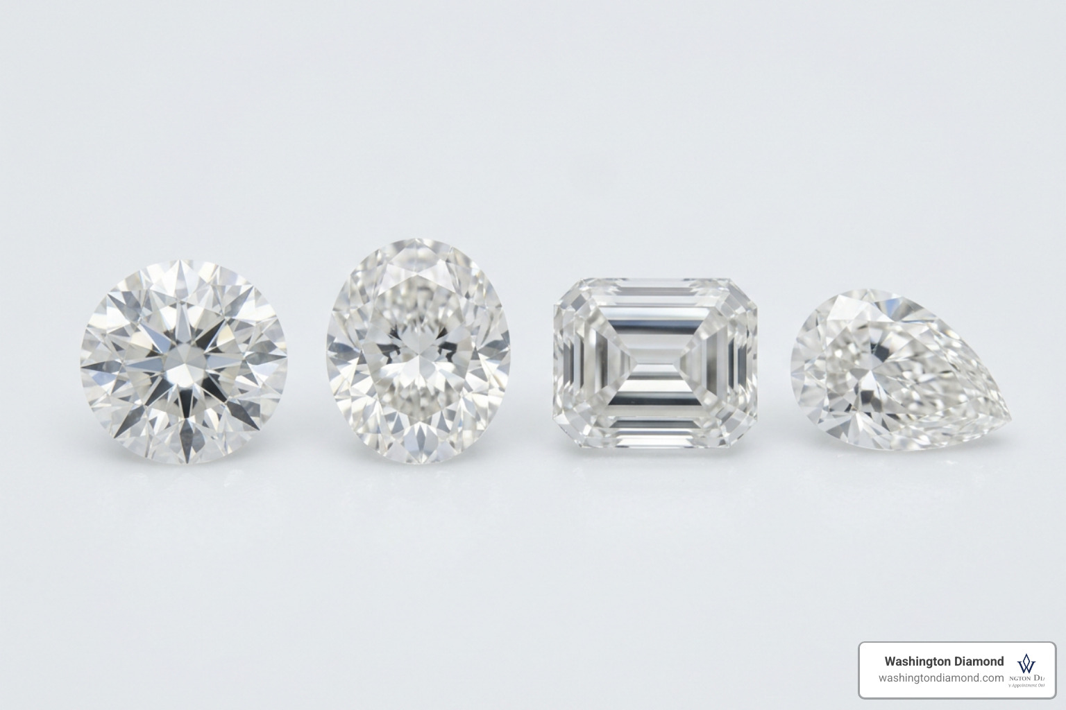 Various diamond shapes including round, oval, emerald, and pear