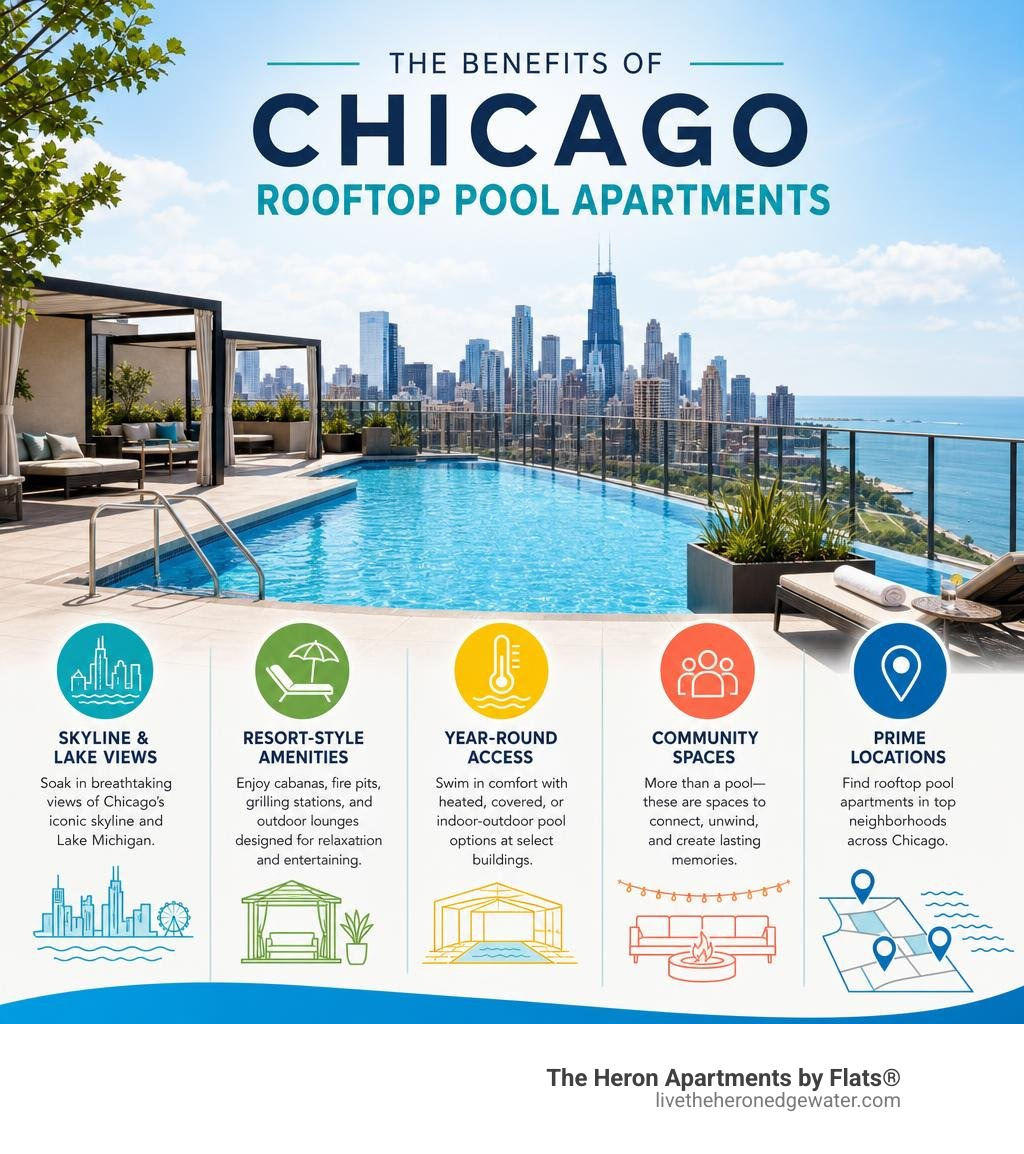 Infographic showing key benefits and features of Chicago rooftop pool apartments infographic Infographic showing key benefits and features of Chicago rooftop pool apartments infographic