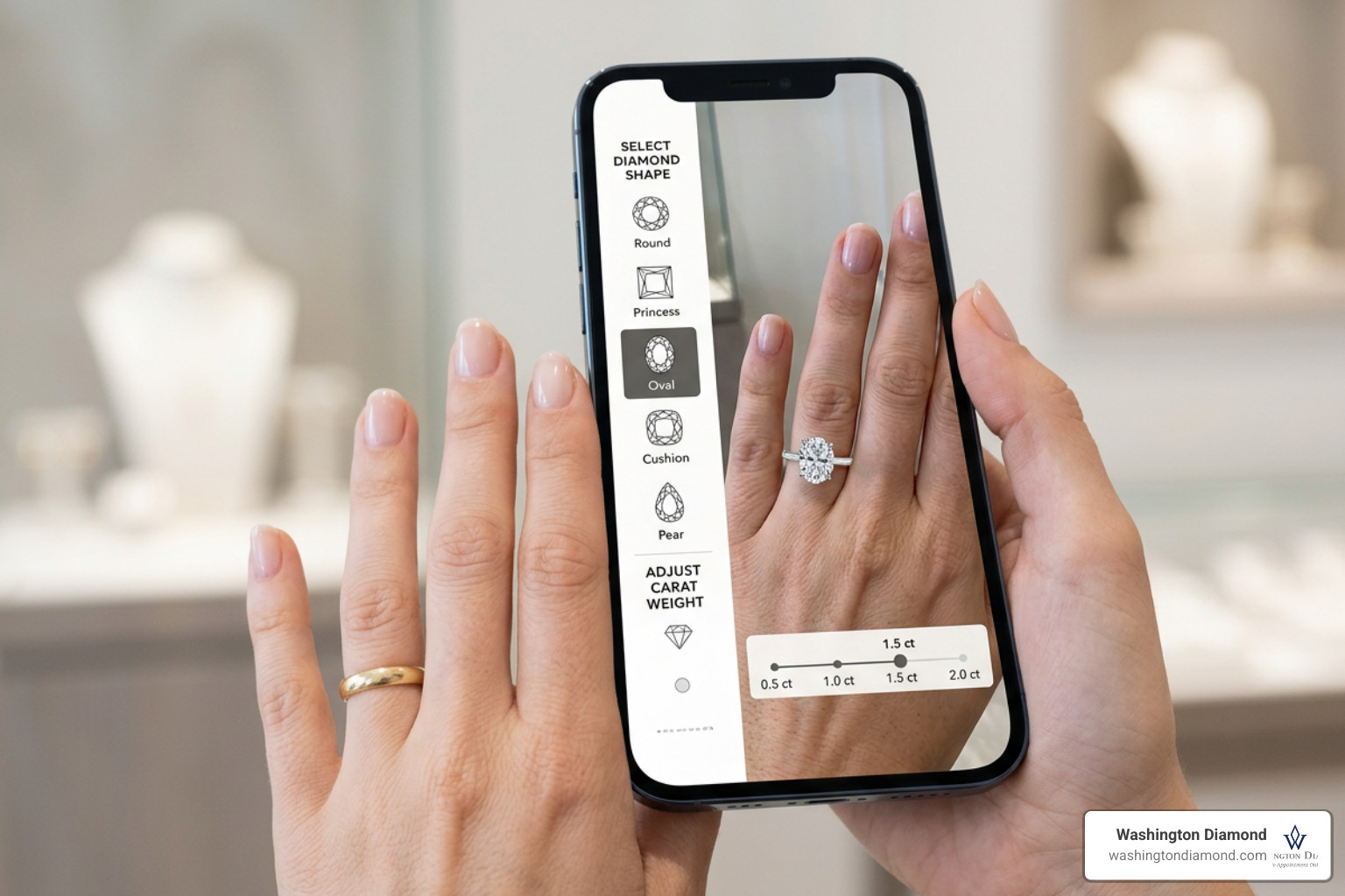 Virtual ring try-on tool showing different diamond shapes and carat weights